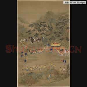 清代 郎世宁 画弘历射猎聚餐图轴