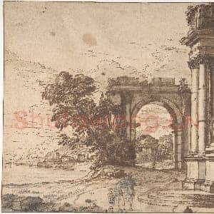 [佚名素描作品]湖畔古典建筑风景.tif