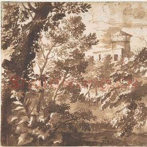 [佚名素描作品]带塔楼的林地风景.tif