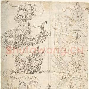 [西班牙素描作品]传为安德烈斯·德梅尔加-右侧带翼女性怪诞纹 狮面具.tif