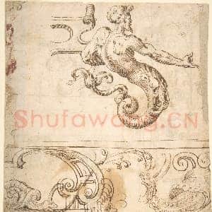 [西班牙素描作品]传为安德烈斯·德梅尔加-带带状装饰的人鱼 上方为带状装饰与蜗牛.tif