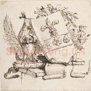 [意大利素描作品]传为卡洛·比安科尼-书籍环绕的装饰纹章图.tif