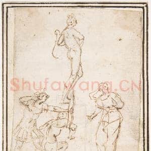 [意大利素描作品]传为弗朗切斯科·阿莱格里尼-四人物习作 其一为站姿弓箭手.tif