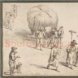 [佛兰德斯素描作品]扬·勃鲁盖尔圈子-乡村路上的农民与干草车.tif