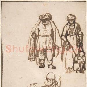 [荷兰素描作品]伦勃朗圈子-两男子与一教孩童走路的女子习作.tif