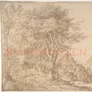 [佛兰德斯素描作品]德尼·范阿尔斯洛特-河 城堡与远处城镇的林地风景.tif