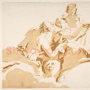 [意大利素描作品]乔瓦尼·巴蒂斯塔·提埃坡罗-云端两坐姿女子与一男孩.tif