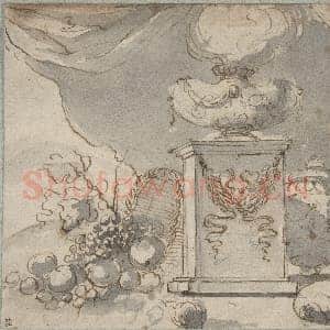 [法国素描作品]让·雅克·拉格勒内-静物：基座上的花瓶与香料盒.tif