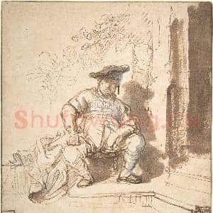 [荷兰素描作品]伦勃朗-戴扁平帽坐姿男子.tif