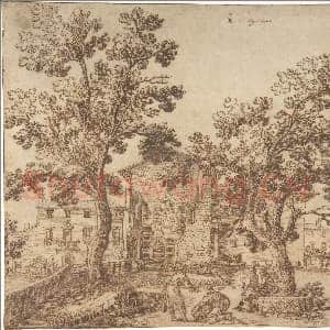 [意大利素描作品]雷米焦·坎塔加利纳-带人物的村庄景色.tif