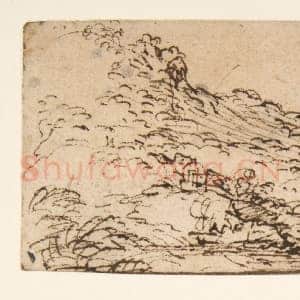 [意大利素描作品]萨尔瓦托·罗萨-山丘与湖泊风景 右前景树木.tif