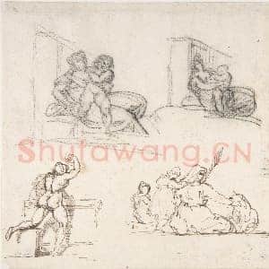 [法国素描作品]泰奥多尔·热里科-六人物习作 其中四幅为《可怜的意大利家庭》而作.tif
