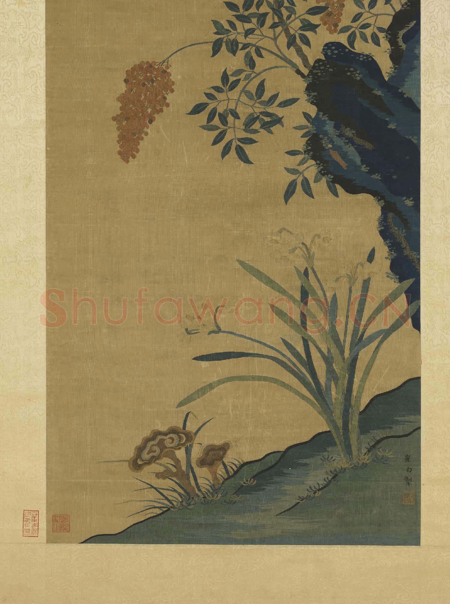 宋緙絲崔白芝仙祝壽 軸