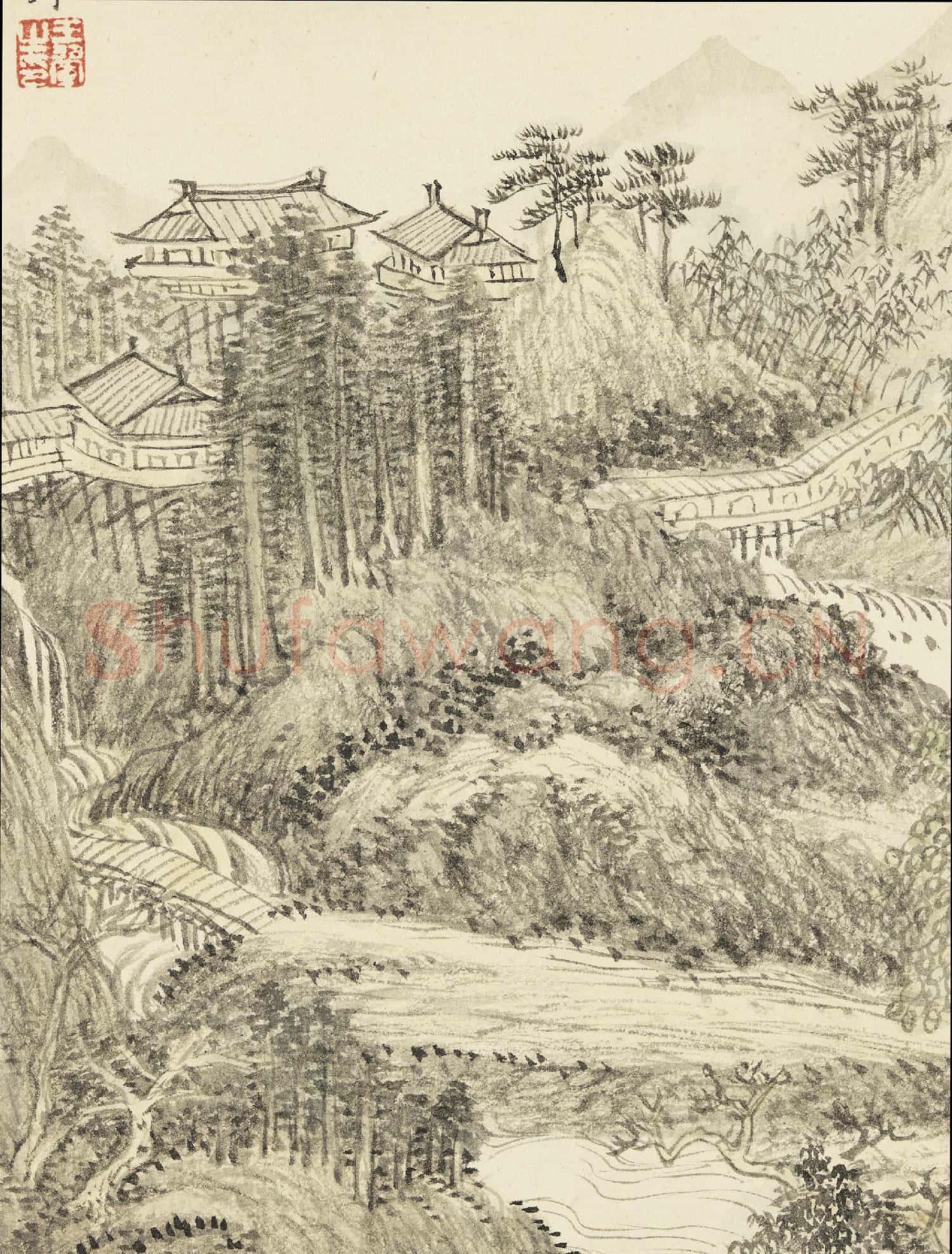 清王翬仿宋元山水 冊 倣王蒙秋山蕭寺