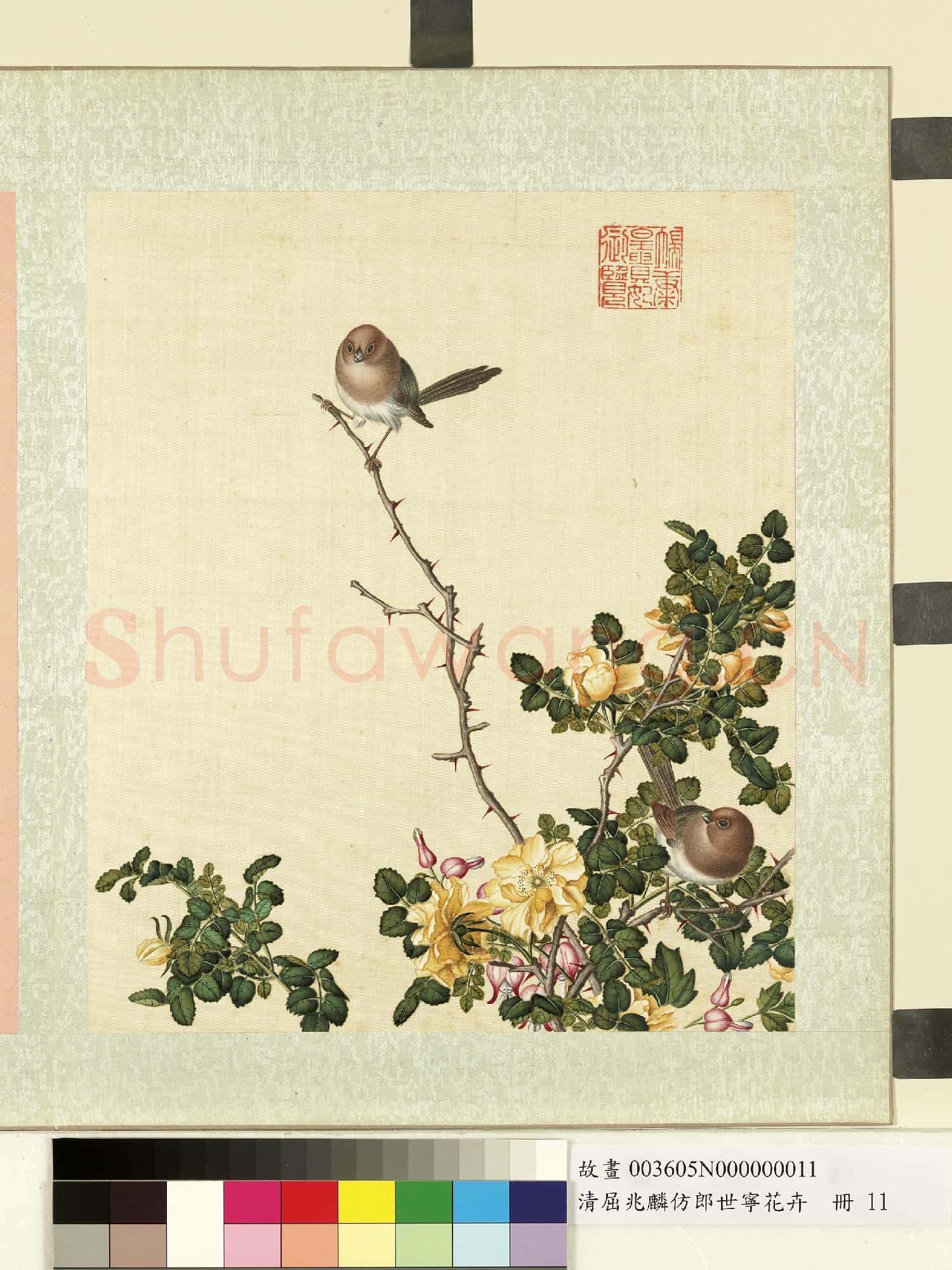 清屈兆麟仿郎世寧花卉.冊.粉紅鸚嘴月季花故畫