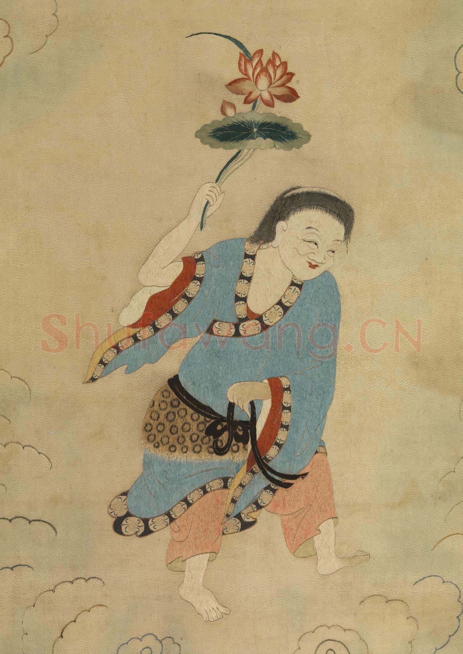 明顧繡八仙慶壽掛屏(九)和合二仙之和仙.軸故絲