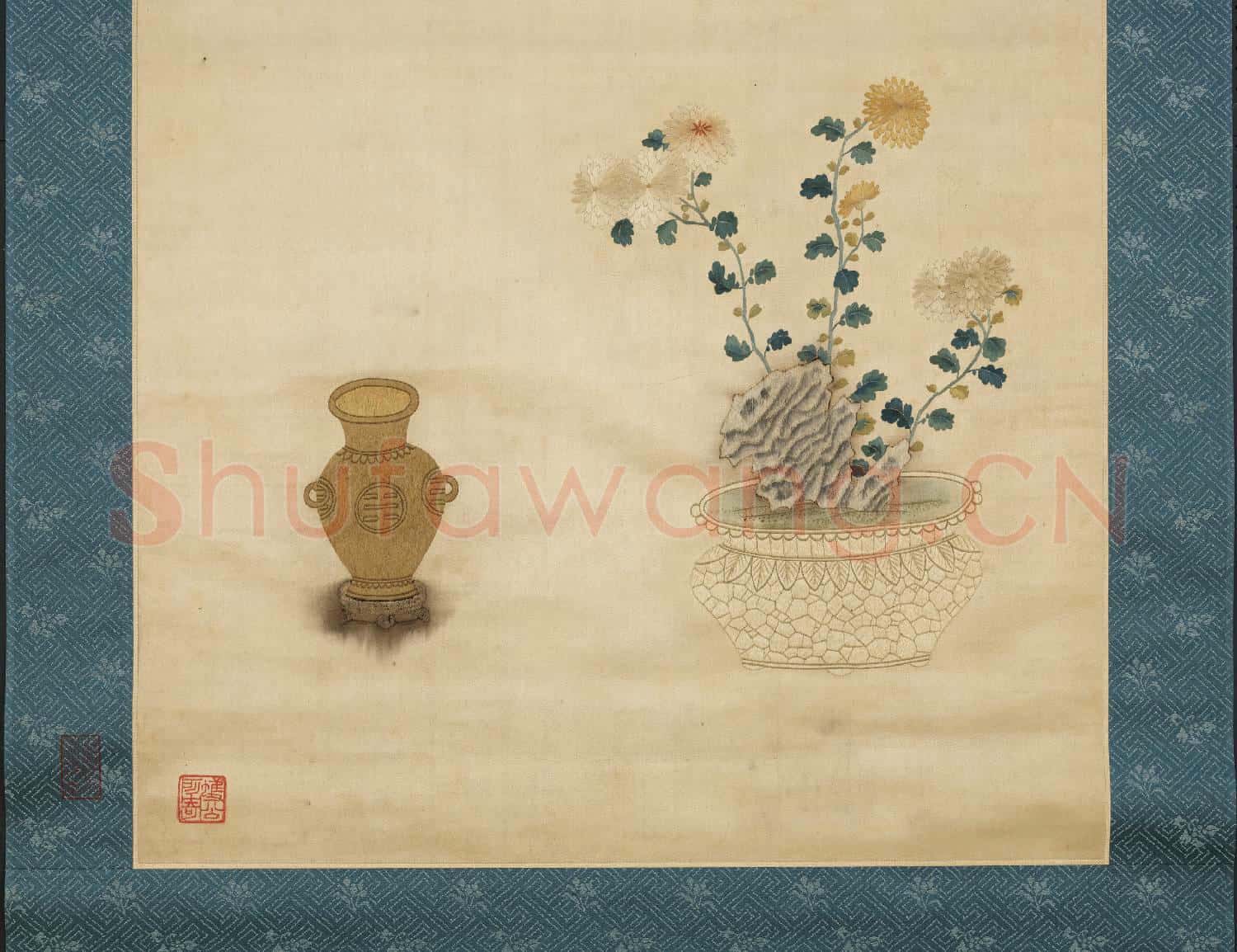 明粵繡博古圖屏(三)軸故絲