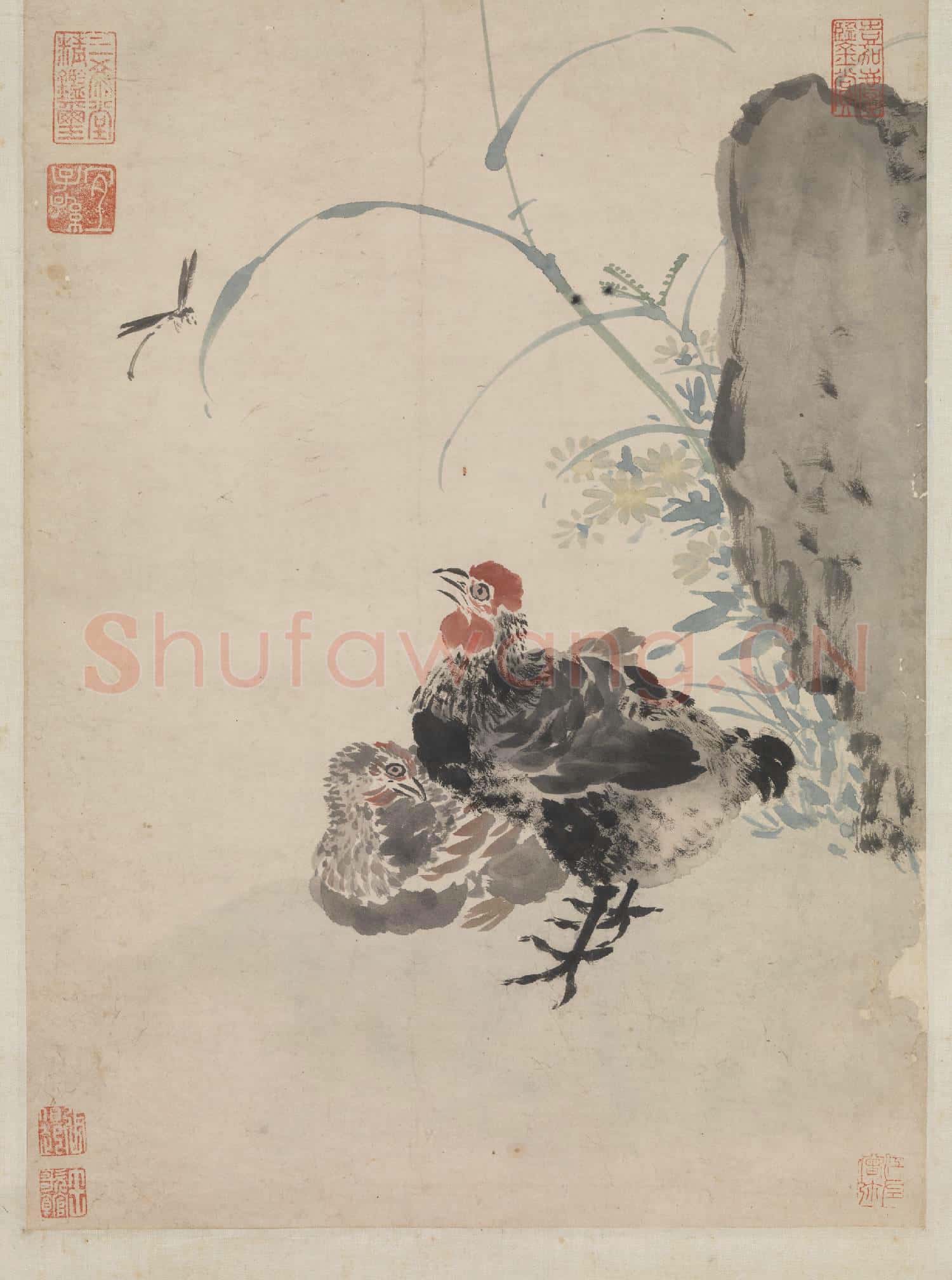 明陸治雙雞圖.軸故畫