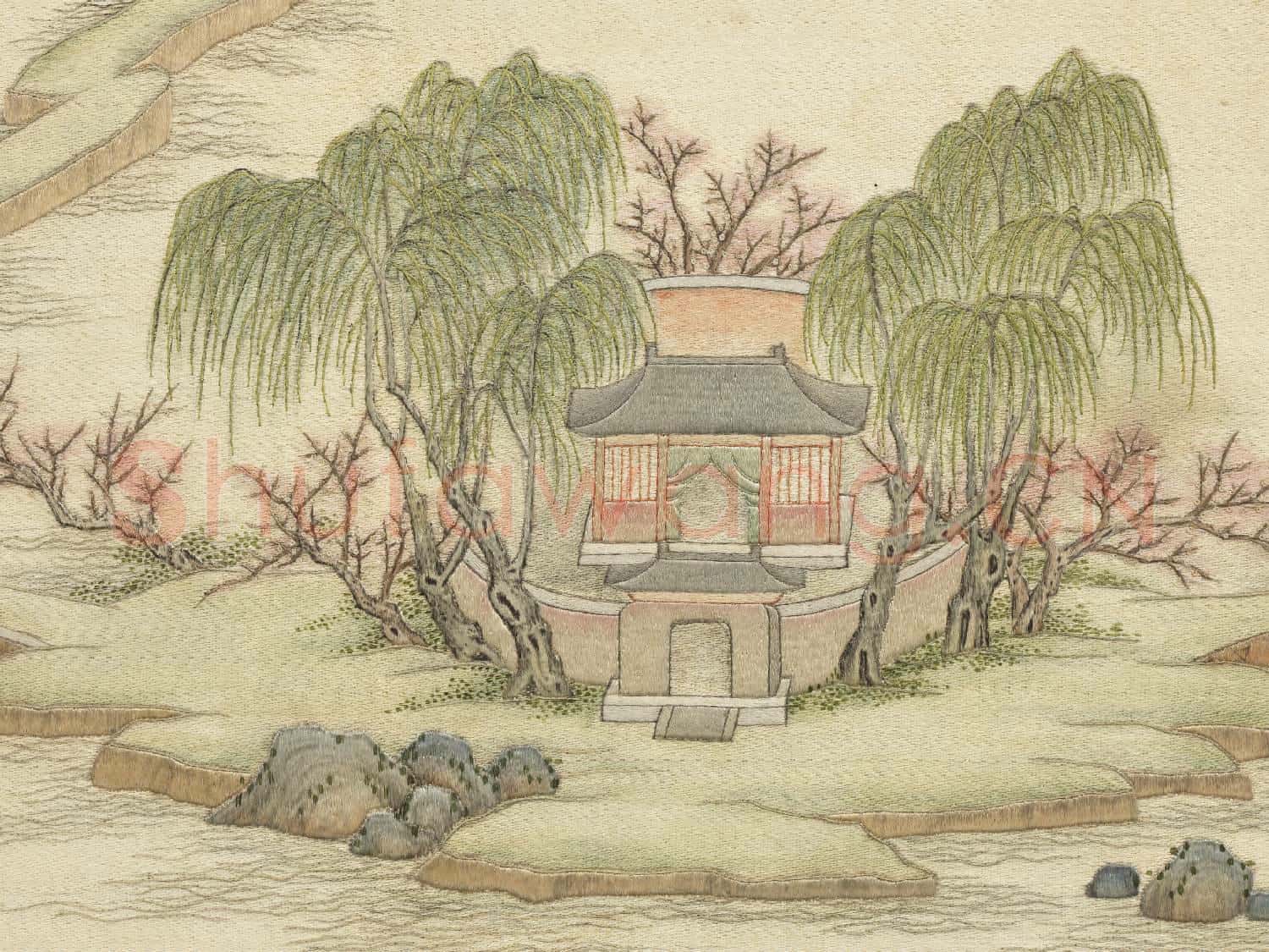 清繡線西湖圖.冊.柳浪聞鶯故絲