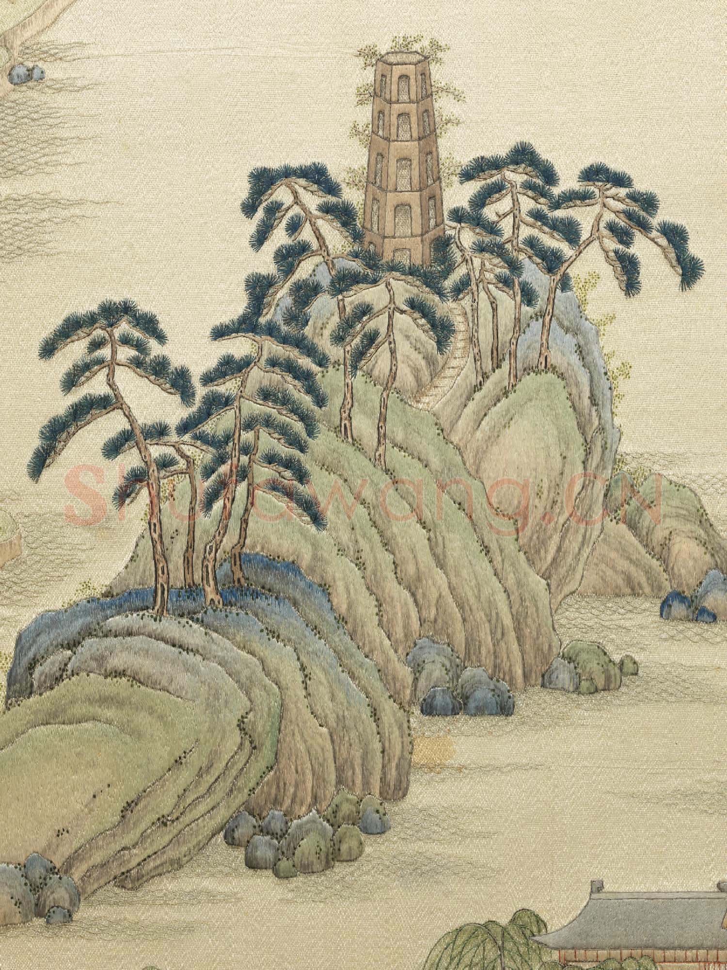 清繡線西湖圖.冊.雷峰夕照故絲
