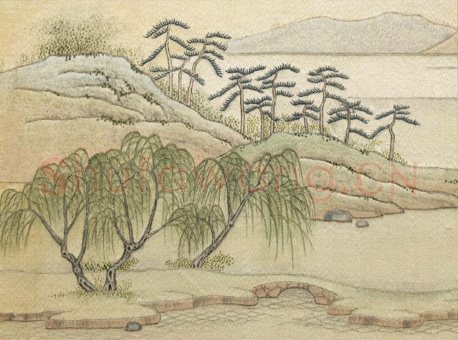 清繡線西湖圖.冊.蘇隄春曉故絲
