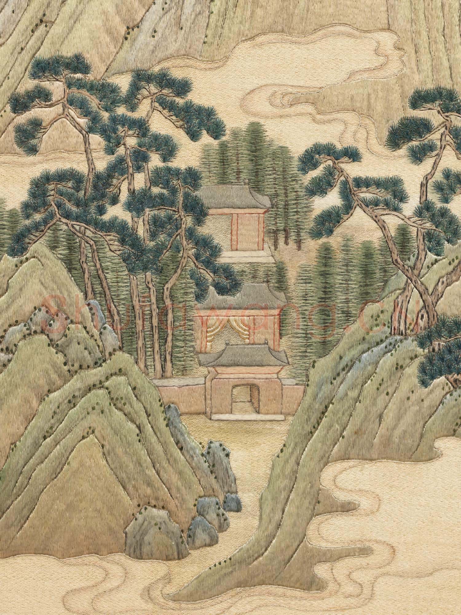 清繡線西湖圖.冊.雙峰插雲故絲