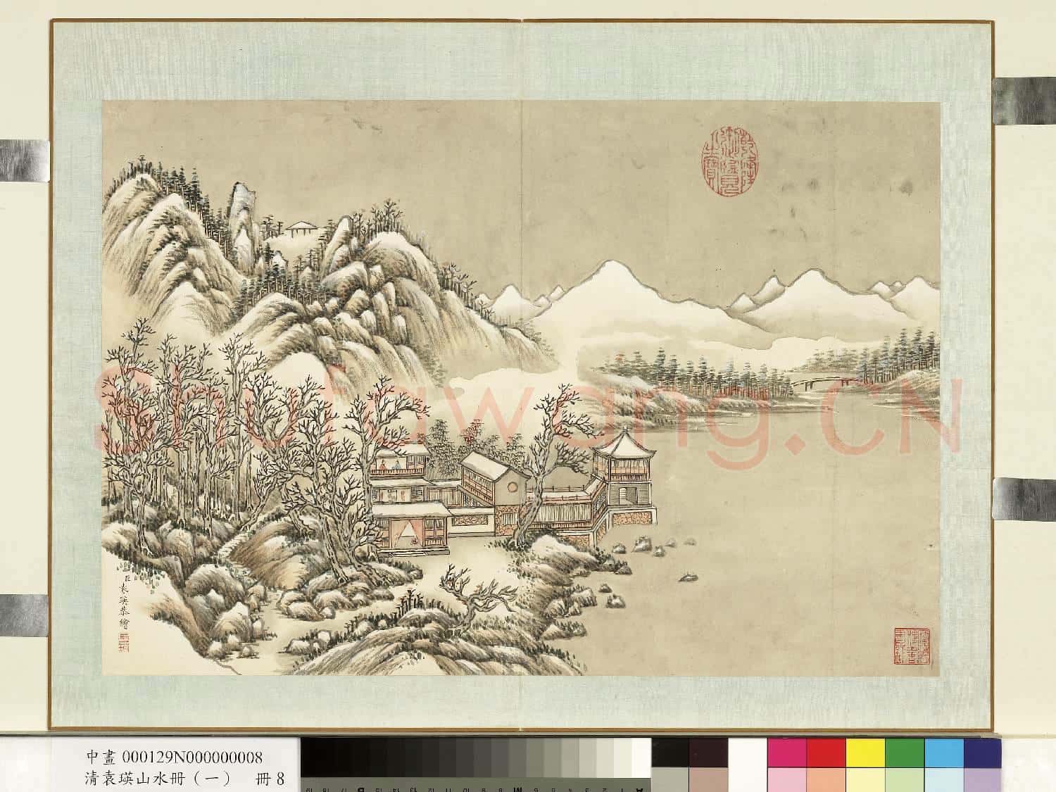 清.袁瑛山水冊(一)雪閣留客.中畫
