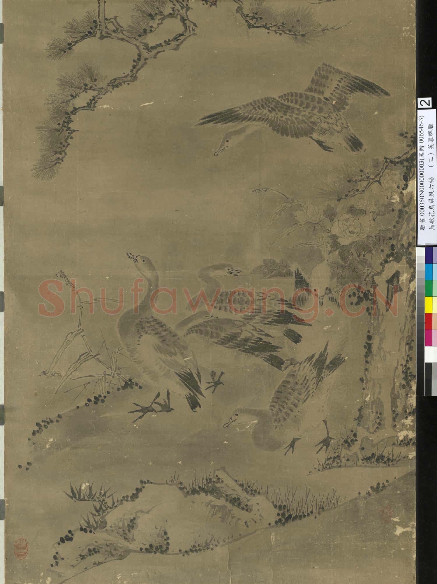 無款花鳥屏風六幅 單片 芙蓉群雁