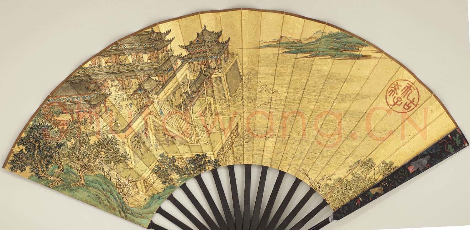 清乾隆御筆賦得蓬瀛不可望楊大章仿仇英筆意樓閣 成扇
