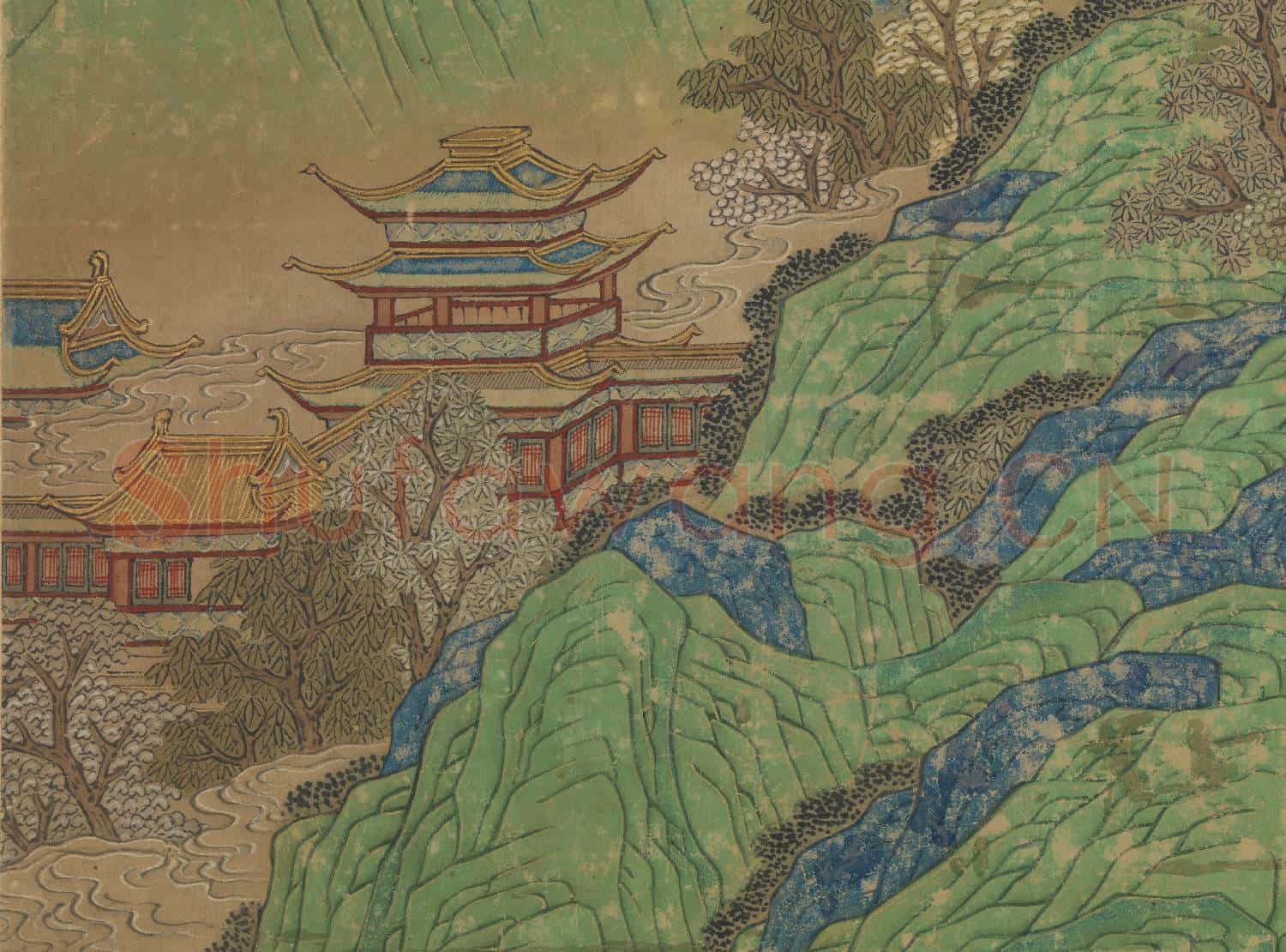 無款青綠漢宮夜宴圖四屏 鏡片 朱欄玉砌