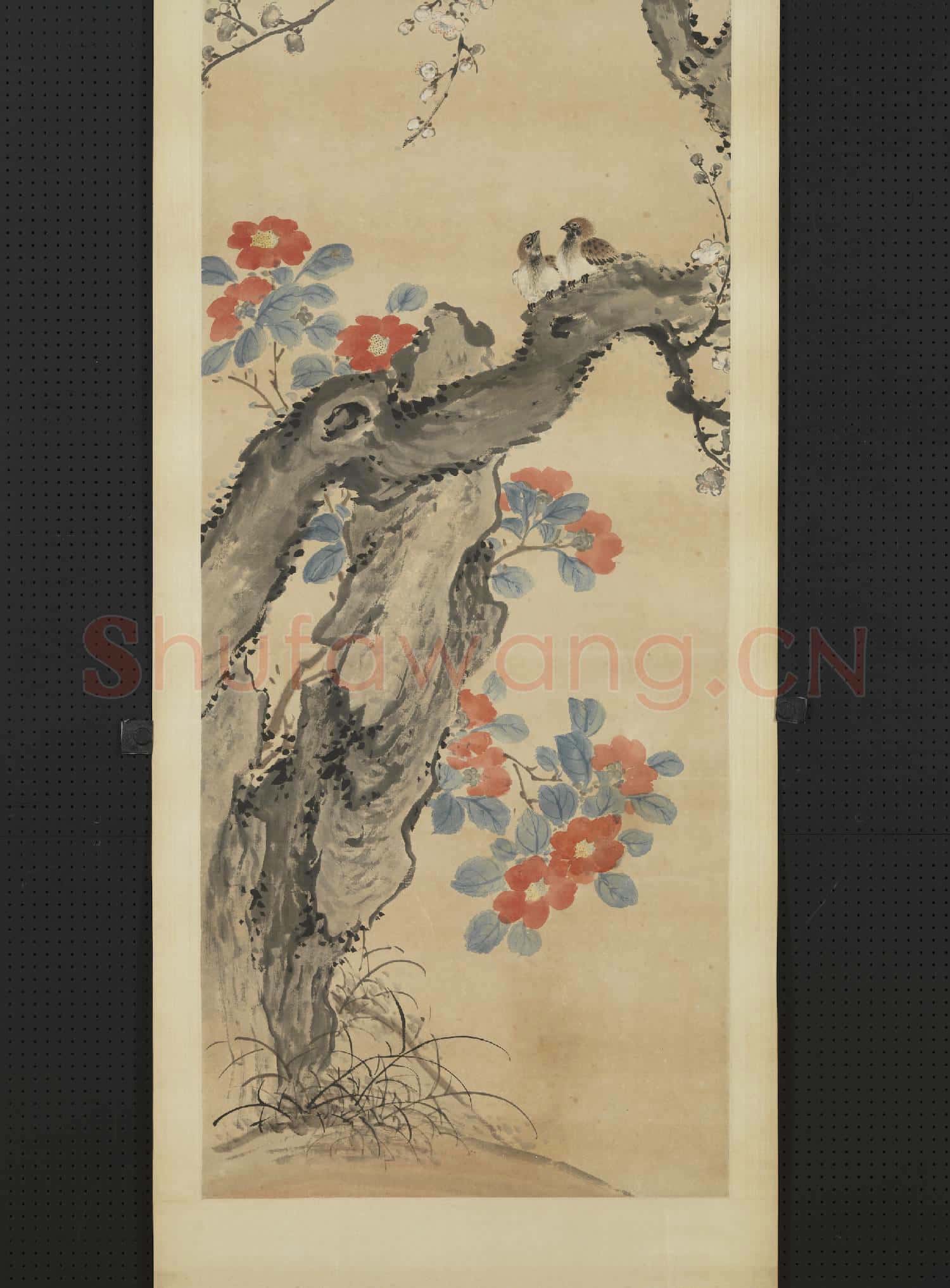 清張熊花鳥四屏 軸 白梅山茶
