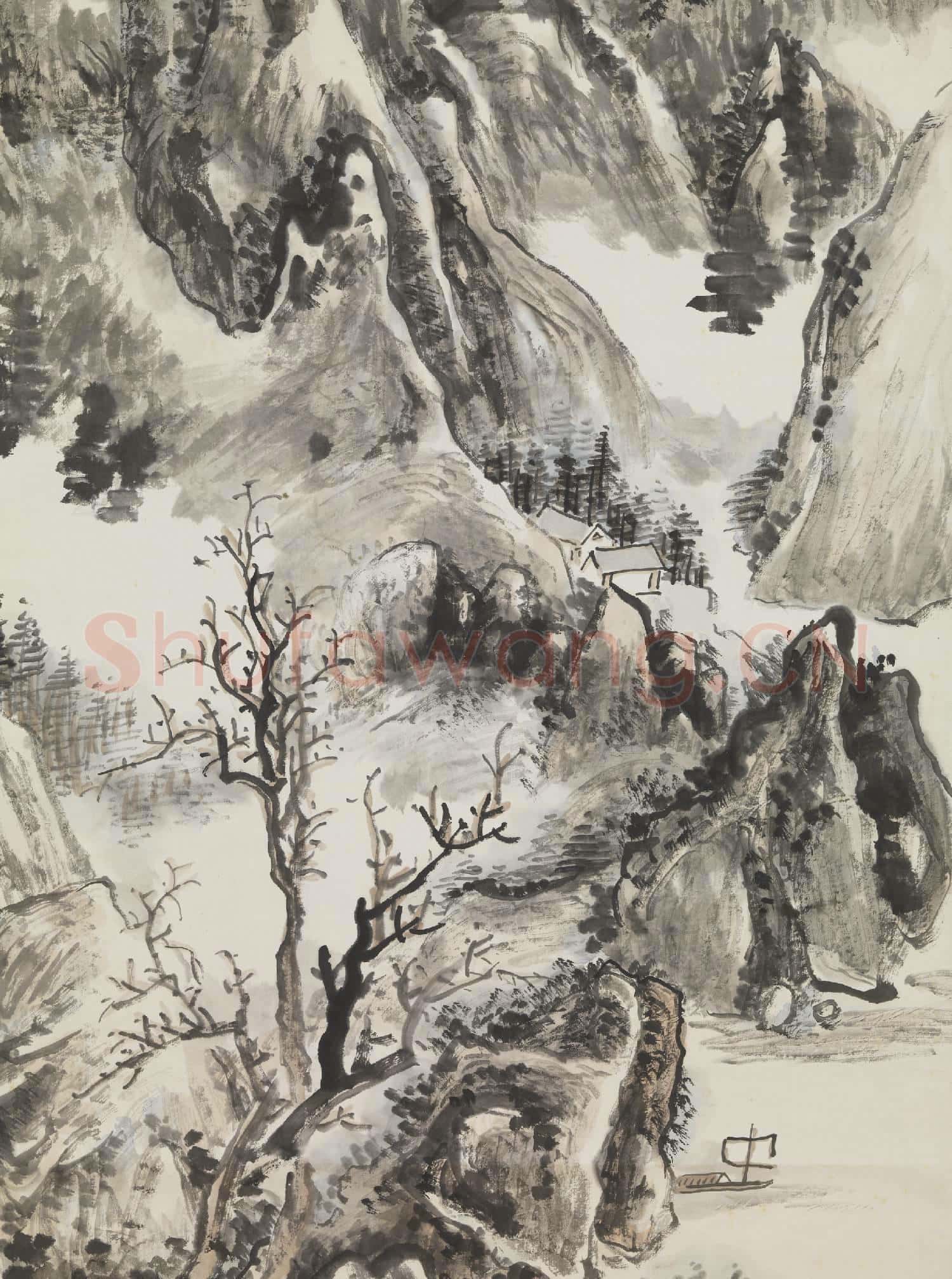 民國黃賓虹山澗孤帆 軸
