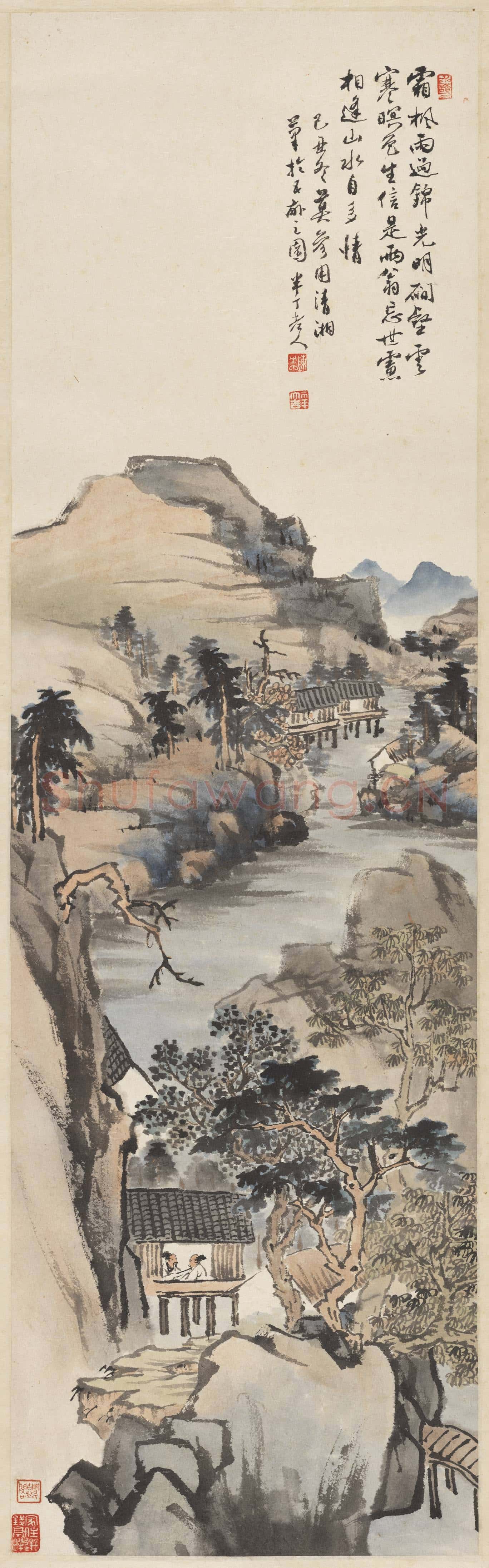 民國陳年山水四屏 單片 霜楓雨過