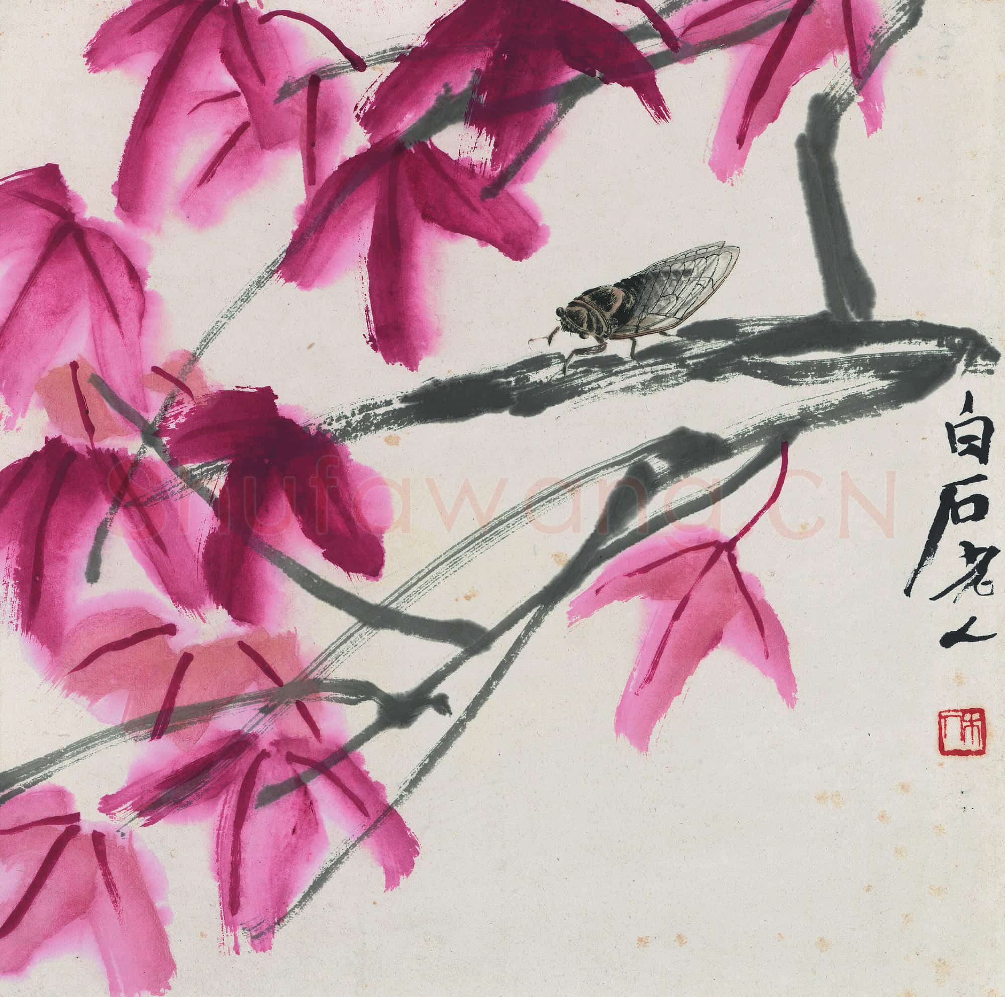 近现代 齐白石国画 红叶知了图