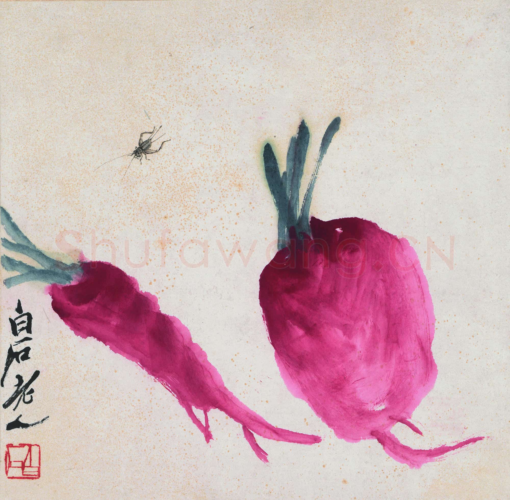 近现代 齐白石国画 萝卜草虫图