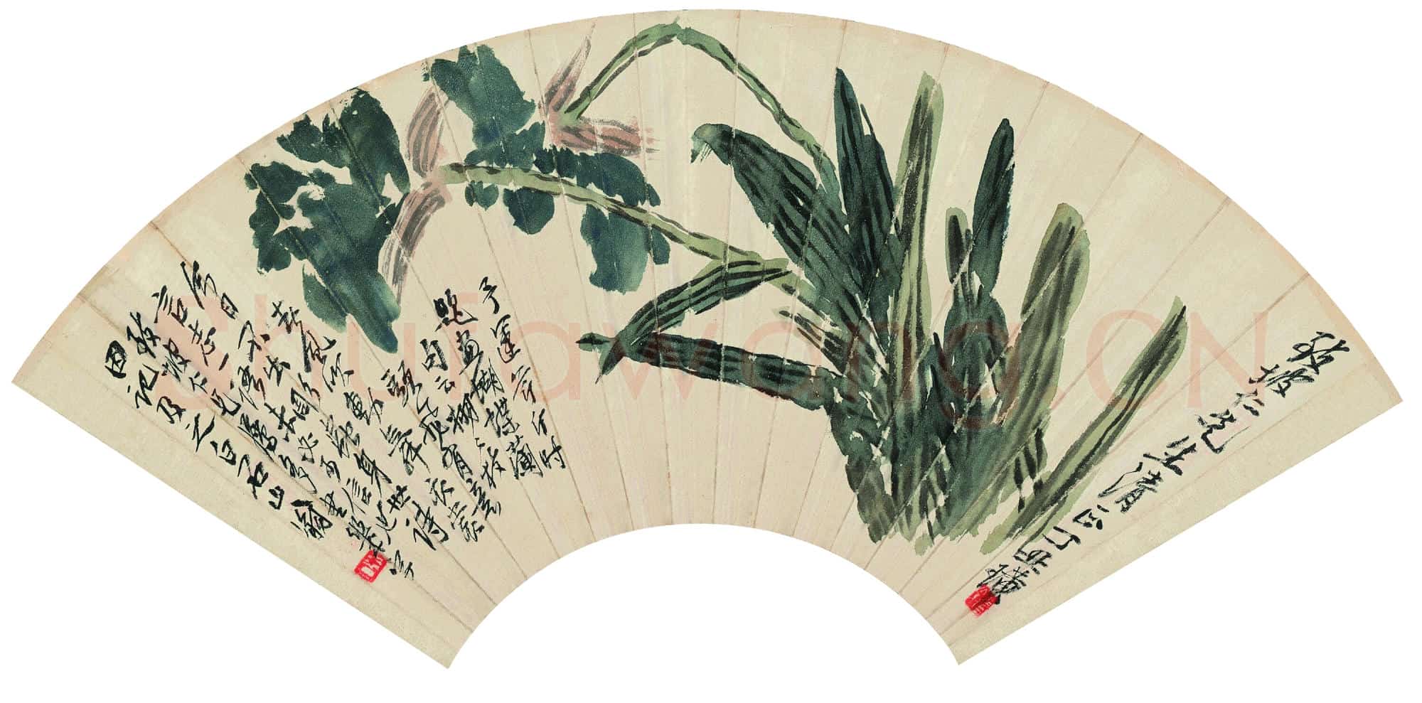 近现代 齐白石国画花鸟扇面作品 蝴蝶兰图扇-01