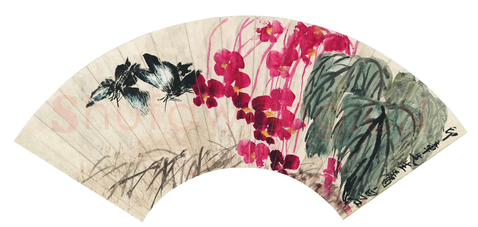 近现代 齐白石国画花鸟扇面作品 恋花双蝶扇