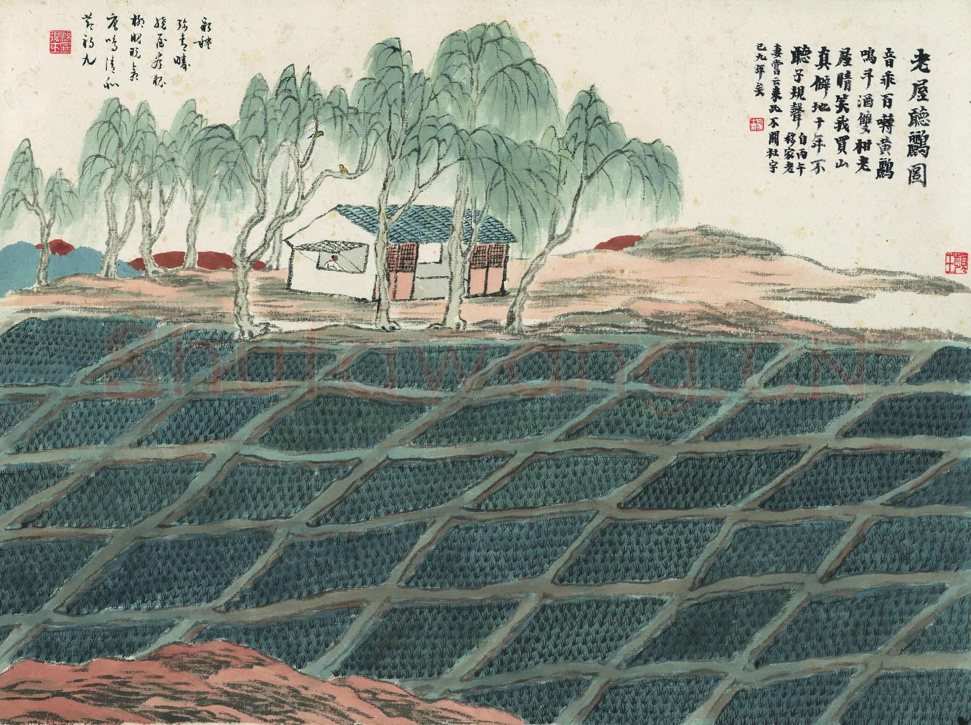 齐白石 老屋听鹂图