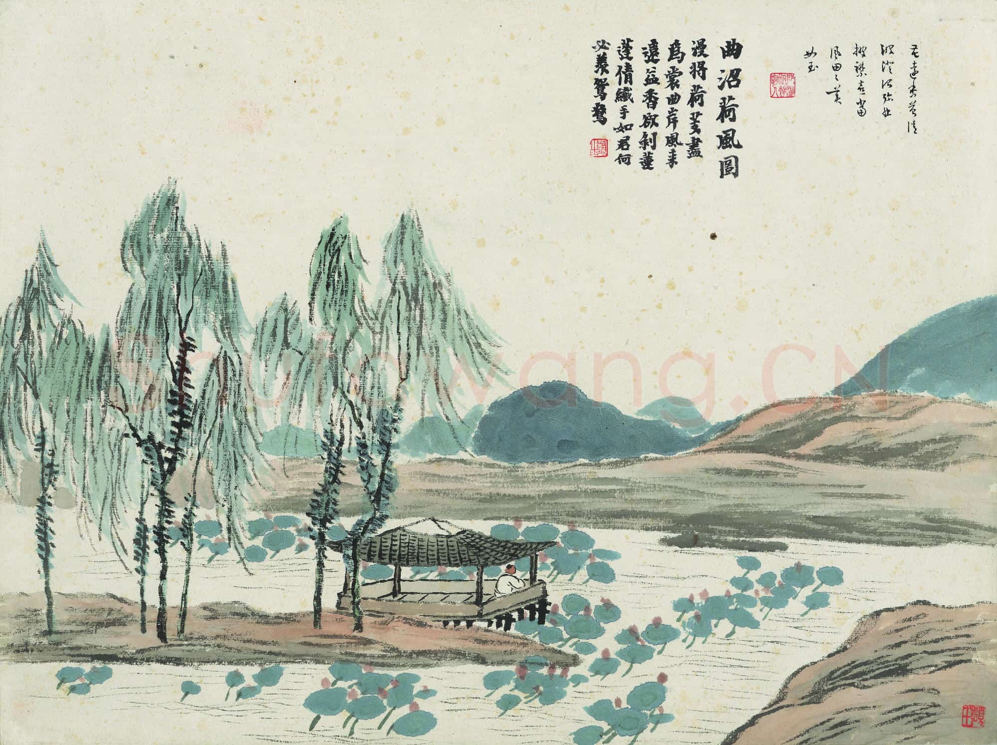 近现代 齐白石国画山水作品 曲沼荷风图