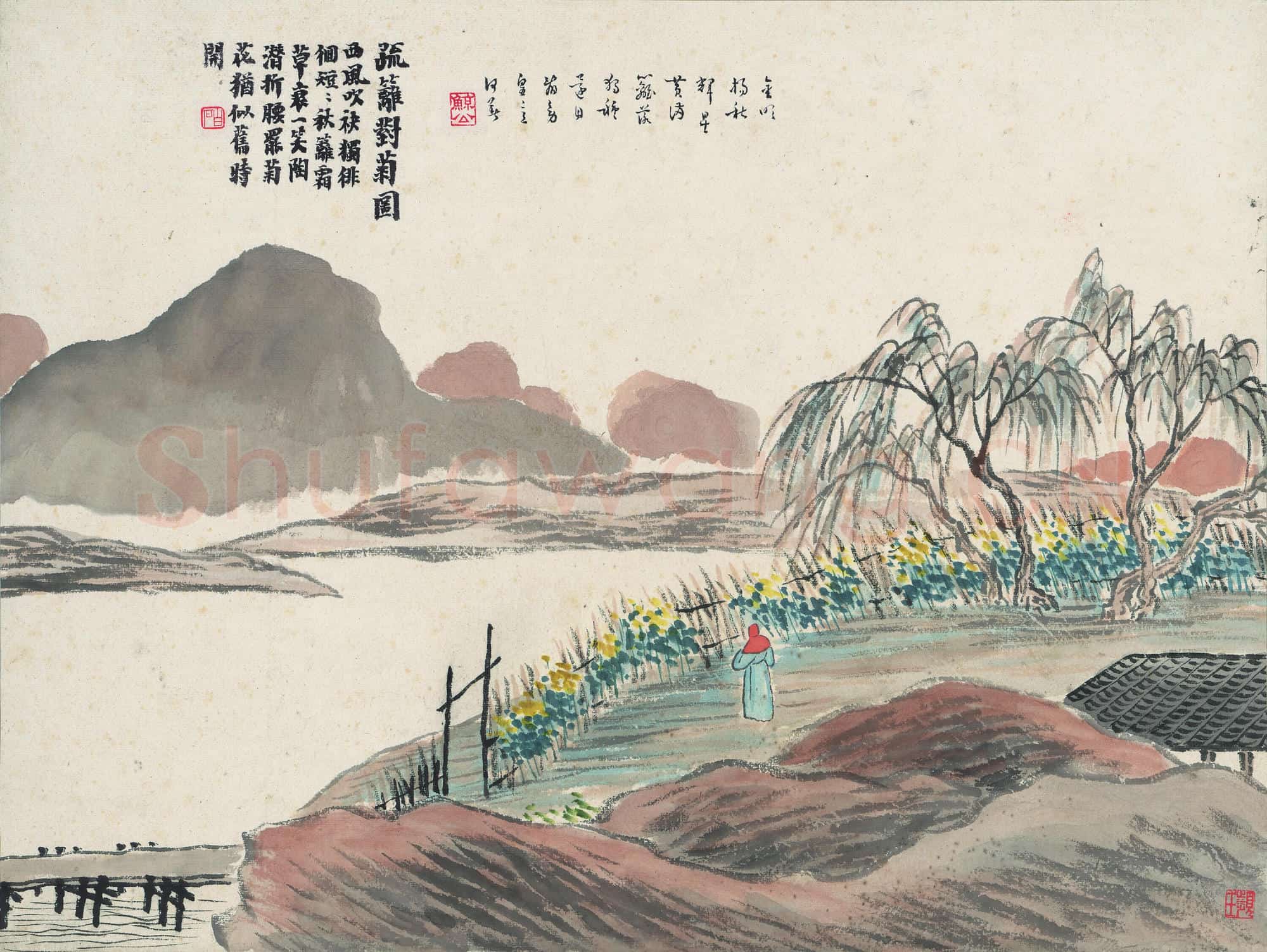 近现代 齐白石国画山水作品 疏篱对菊图