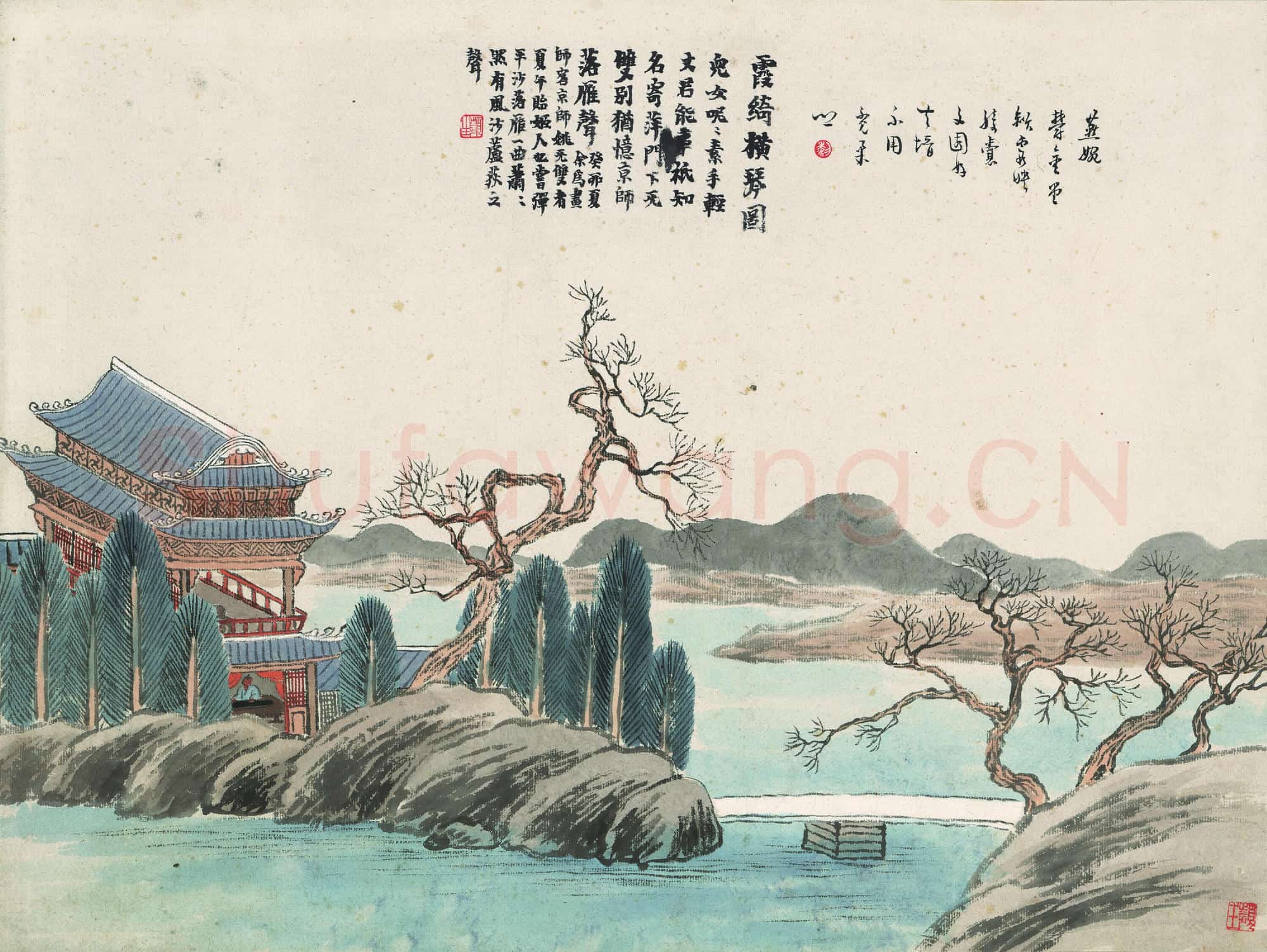 近现代 齐白石国画山水作品 霞绮横琴图