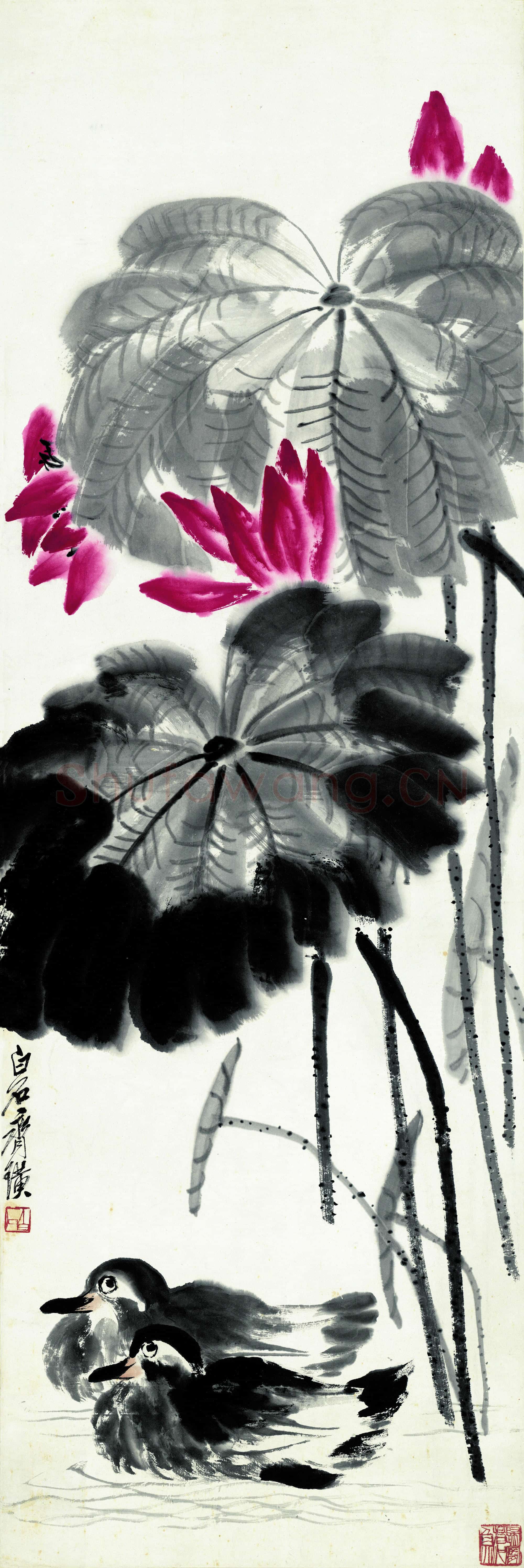 近现代 齐白石国画 荷花鸳鸯