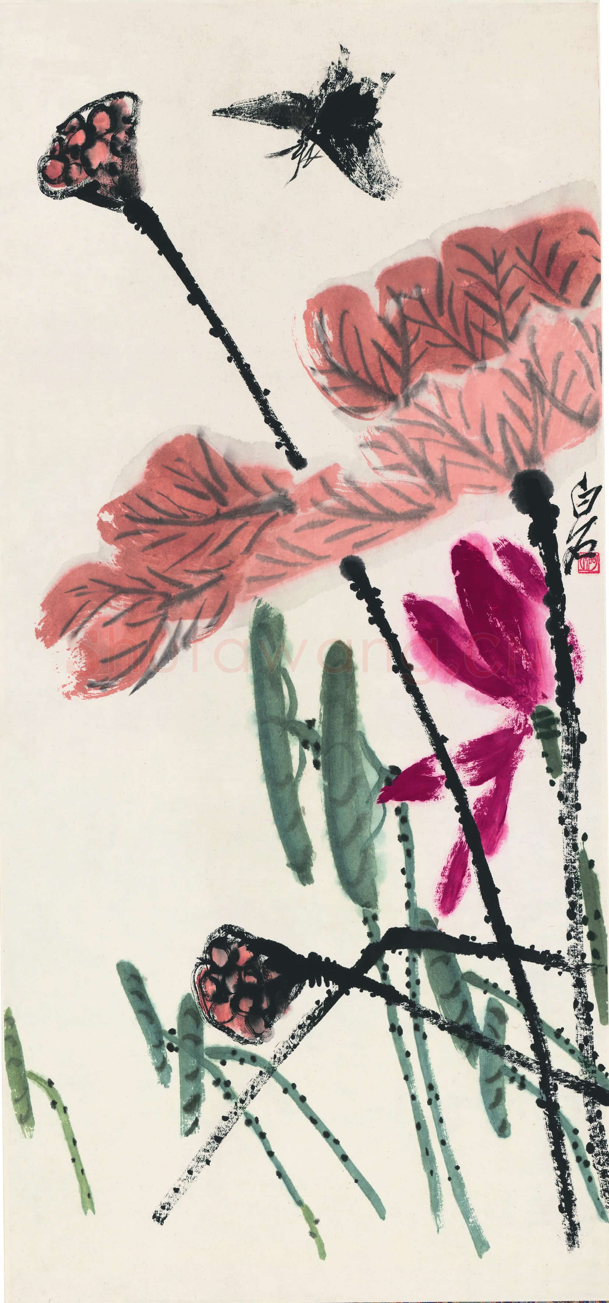 齐白石 荷塘墨蝶图