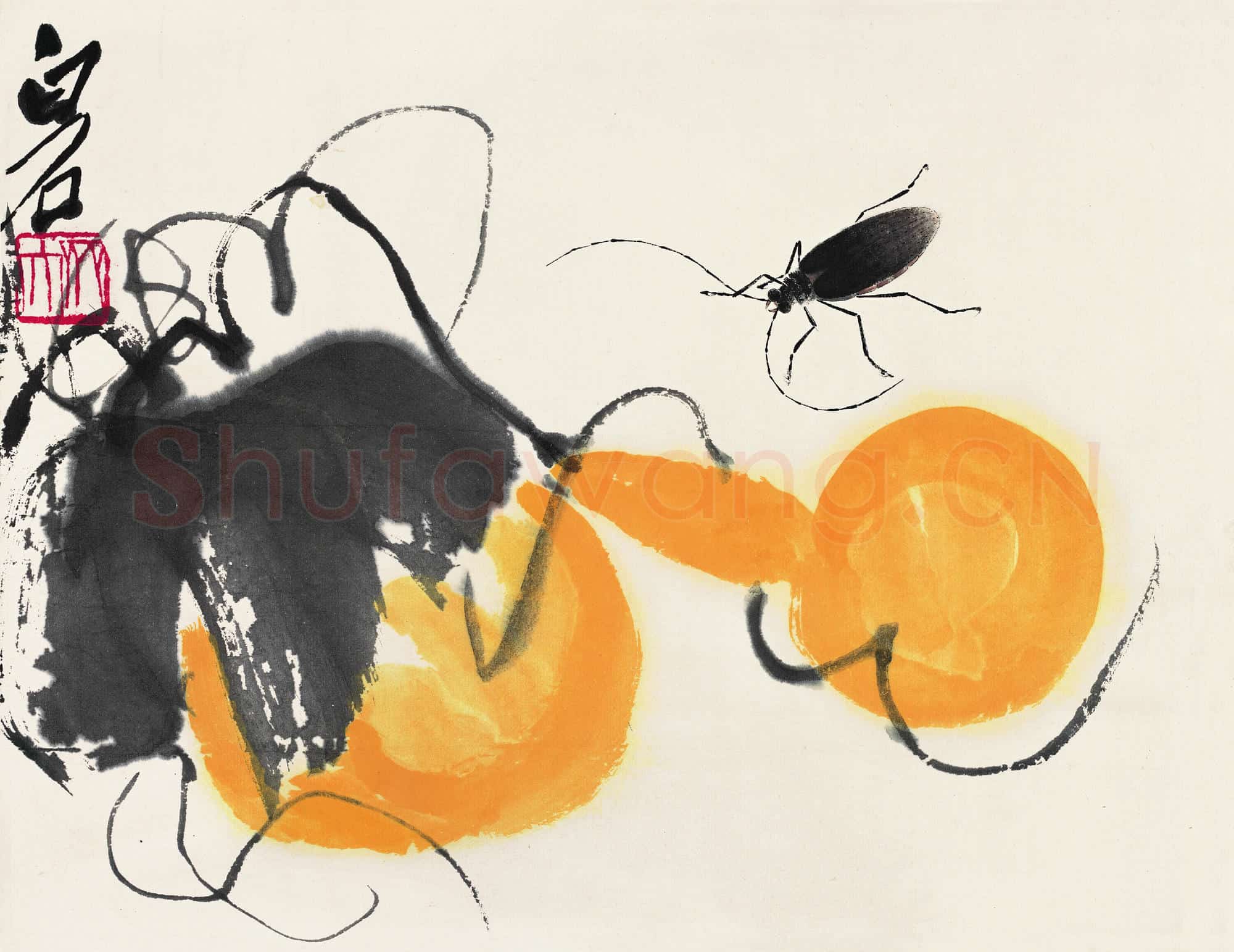 近现代 齐白石国画 葫芦天牛