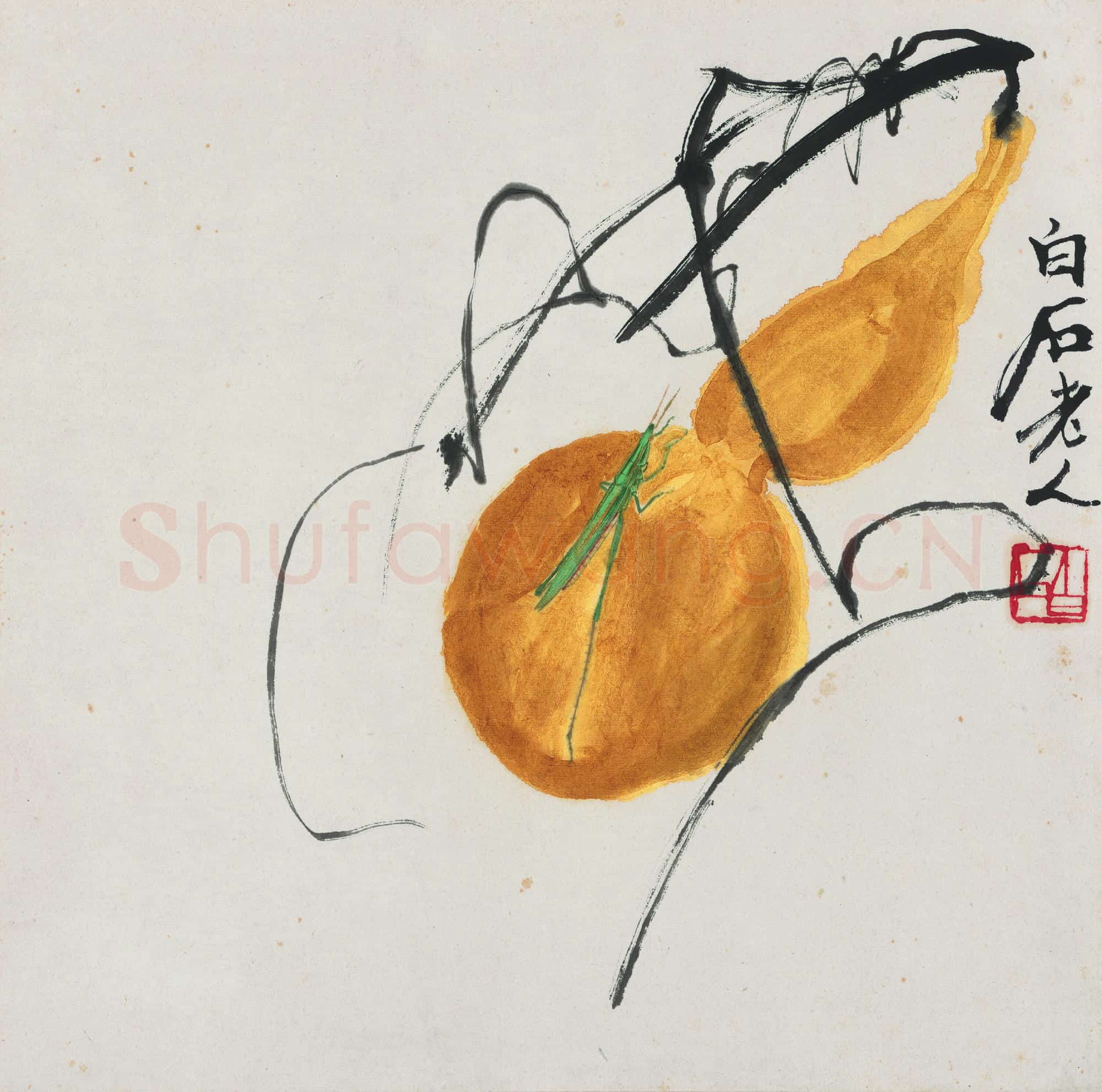 近现代 齐白石国画 葫芦螳螂图