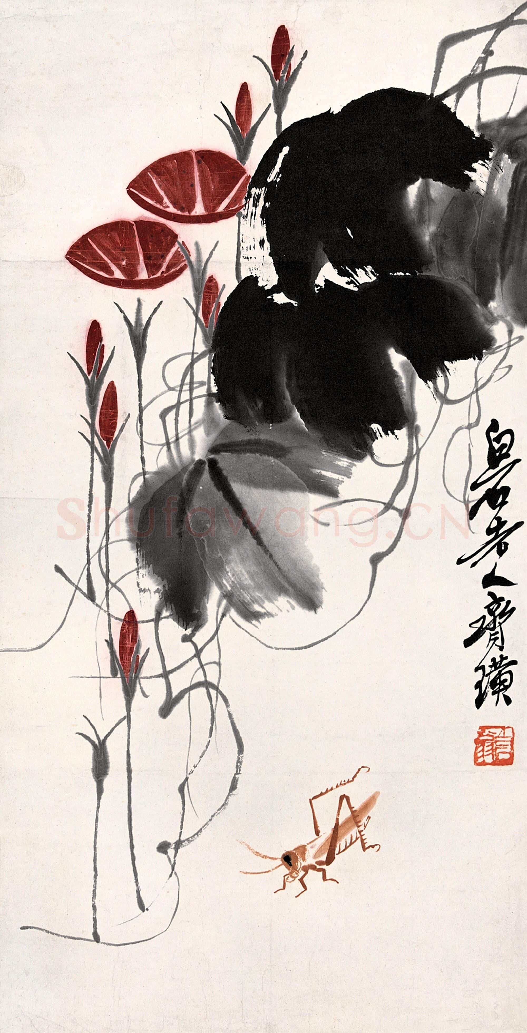 近现代 齐白石国画 蚂蚱牵牛花