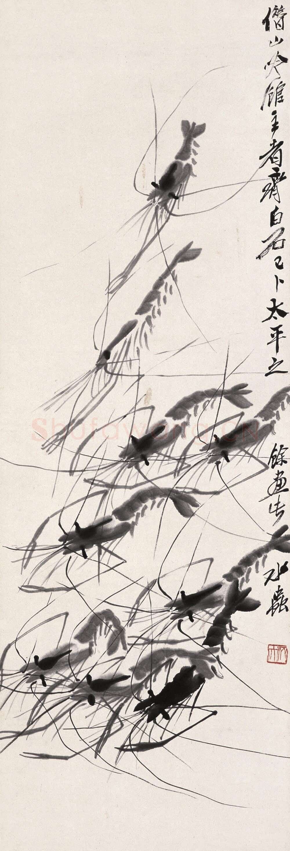 近现代 齐白石国画 群虾-01