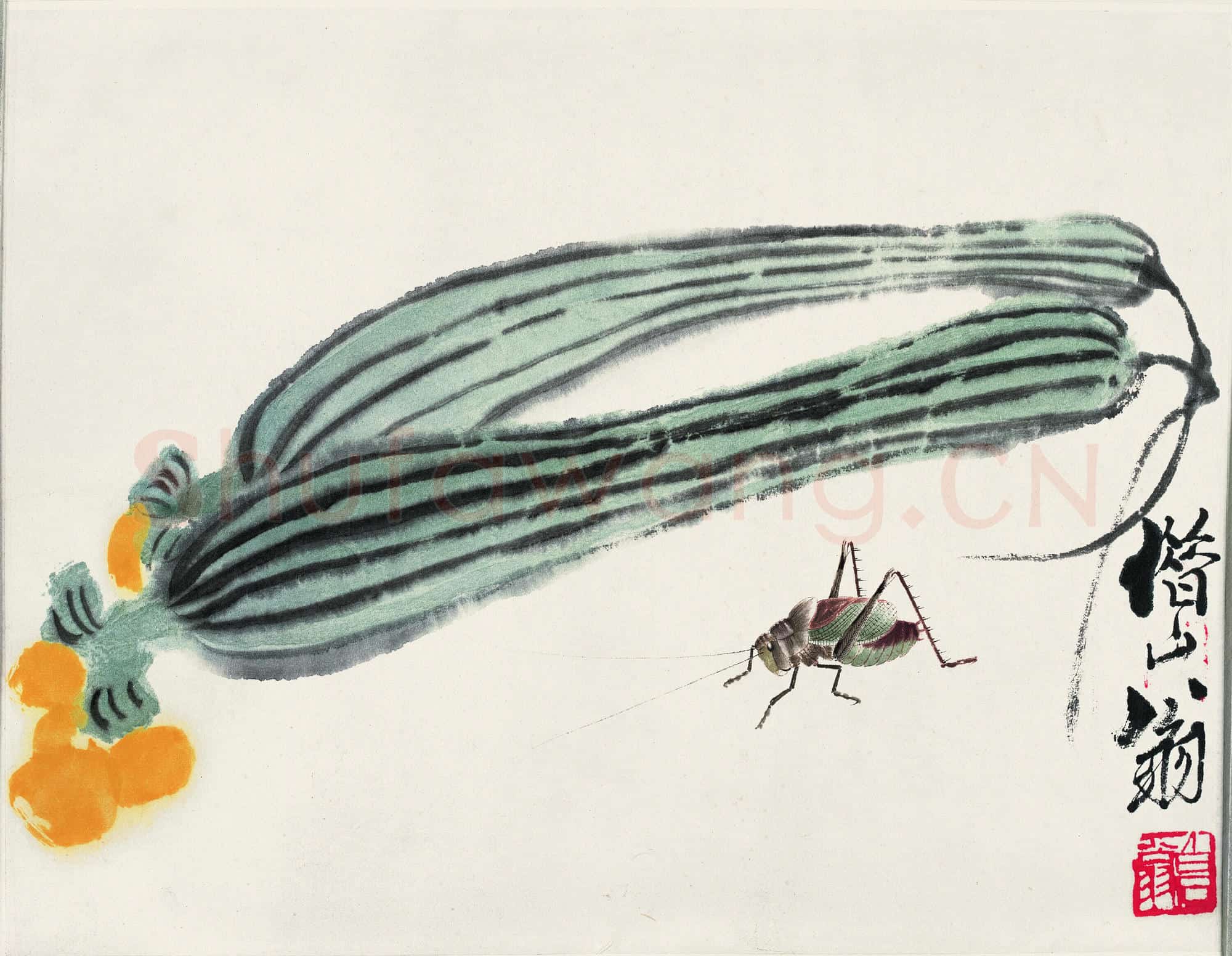 近现代 齐白石国画 丝瓜蝈蝈