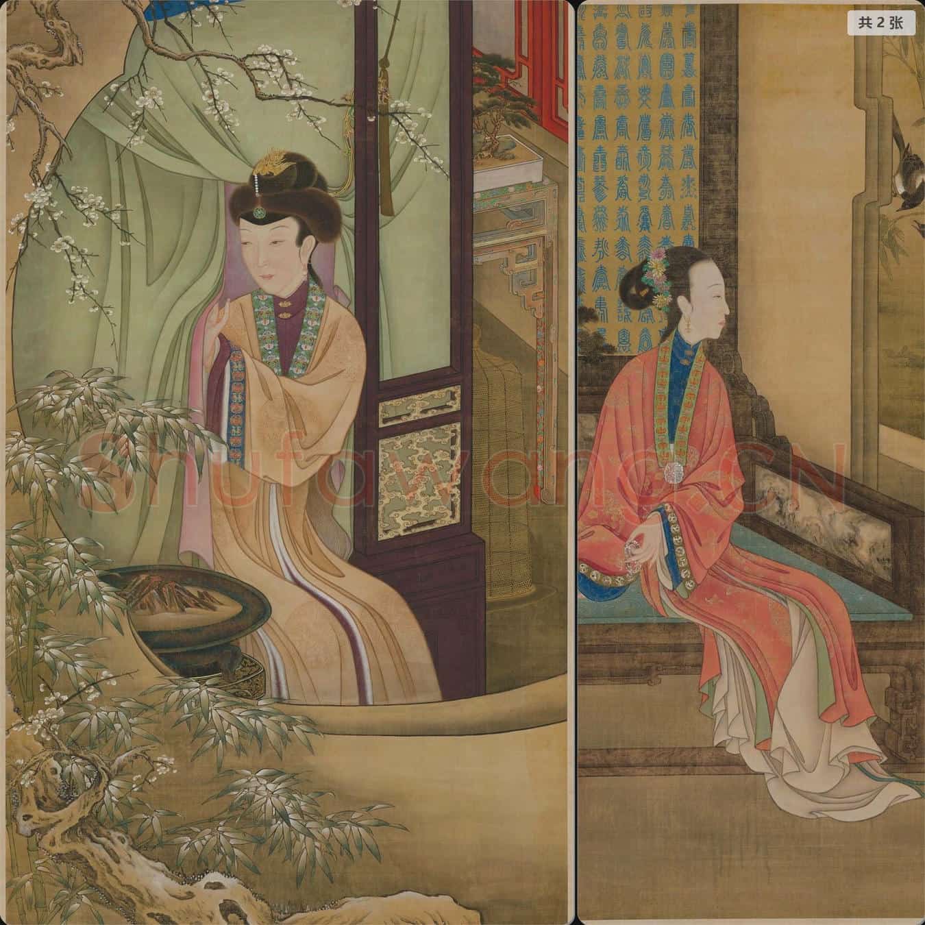 清 佚名 雍亲王题书堂深居图屏-倚榻观鹊轴