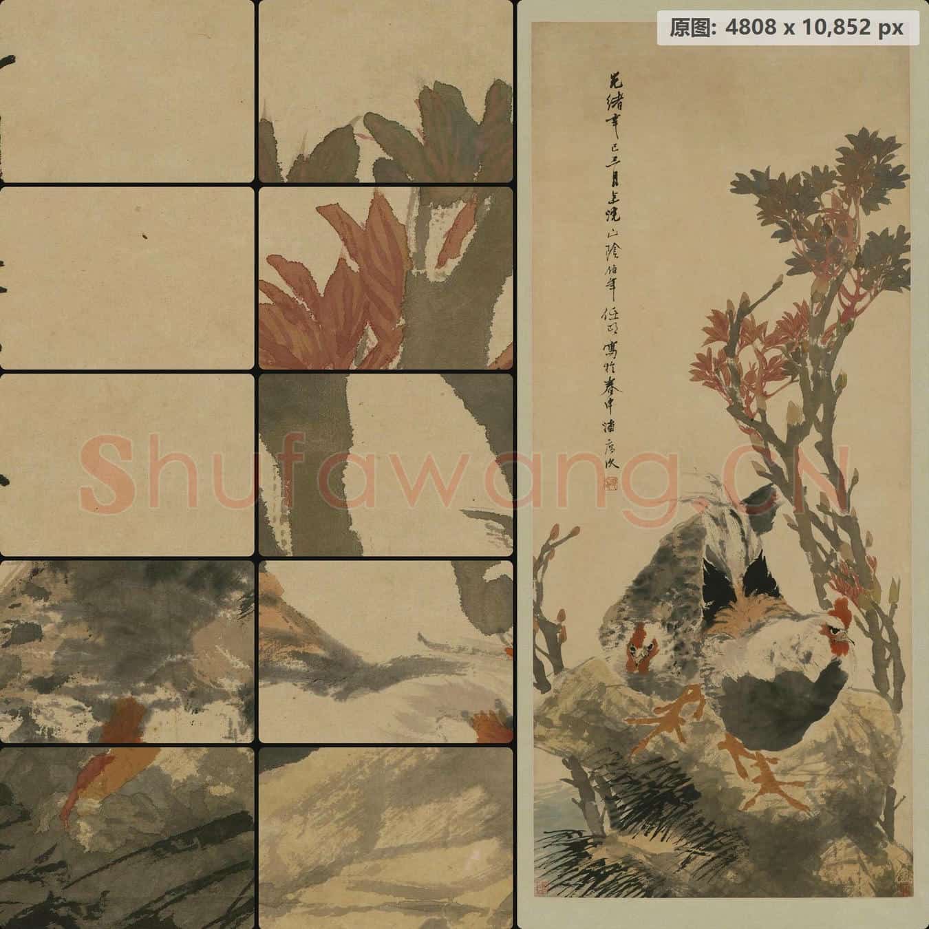 清 任颐 牡丹双鸡图轴